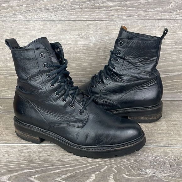 Frye Julie Women’s Sz 9B Black Leather Hi Top Lace Up Lug Almond Toe Combat Boot - Picture 11 of 12